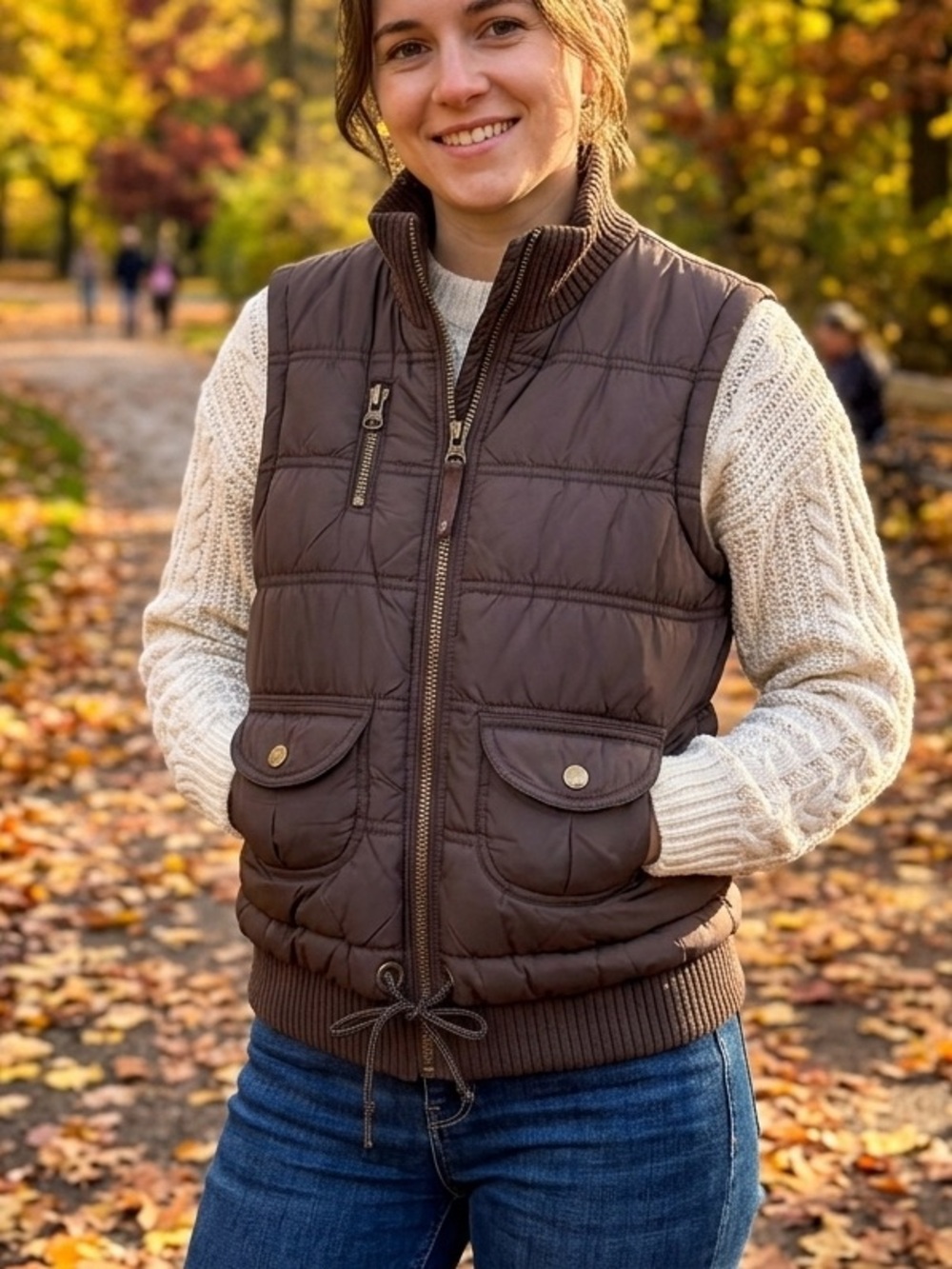 GARAGE Chocolate Brown Puffer Vest Ribbed Trim Size Small